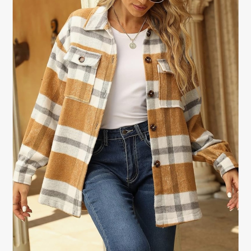 Chic Nation Tan and White Plaid Utility Jacket